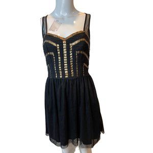 Guess Womens Mesh Skater Dress Gold Beaded Sweetheart Neck Pleated Front Black 4